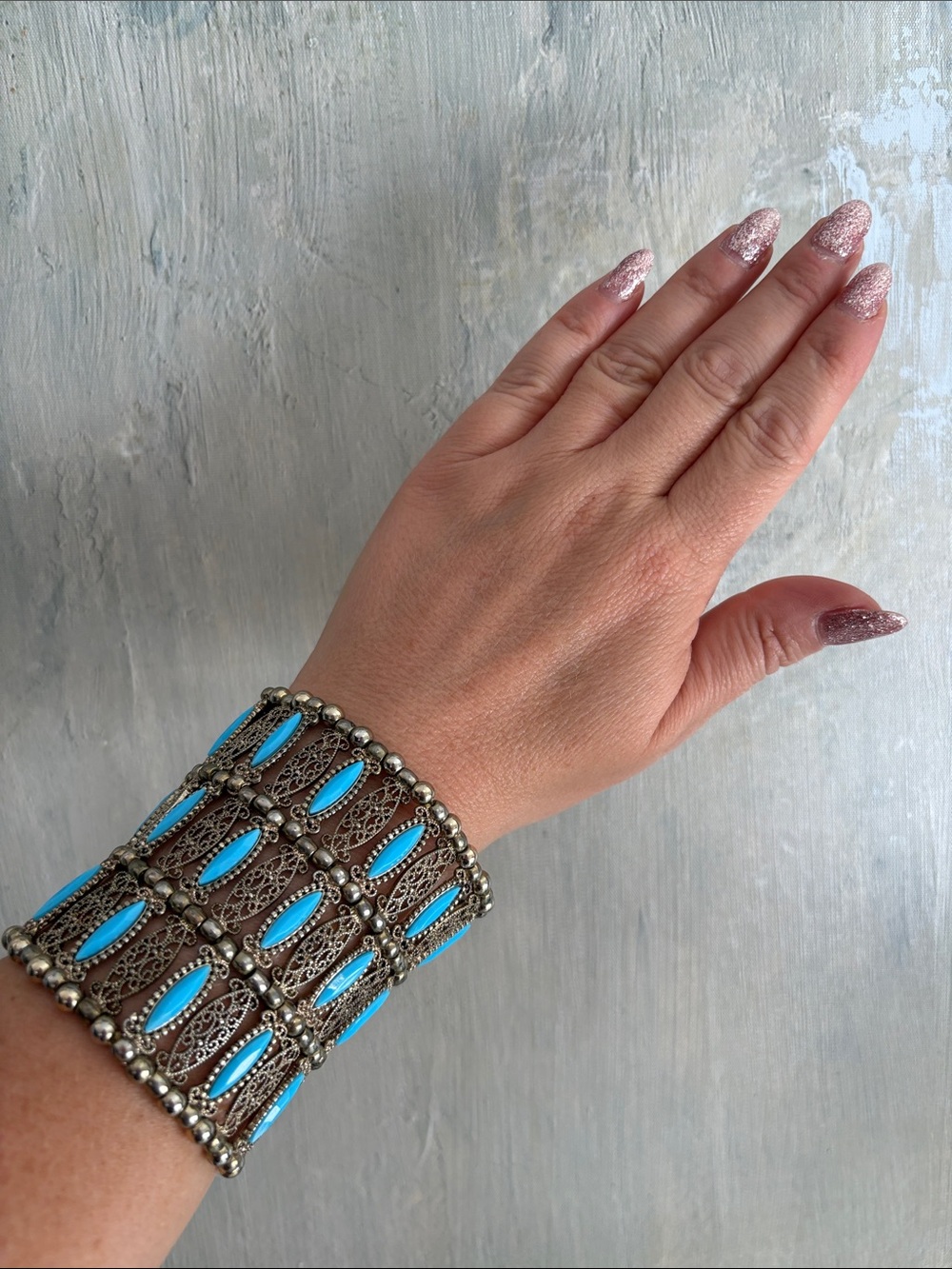 Boho Turquoise Silver-Tone Filigree Cuff Bracelet